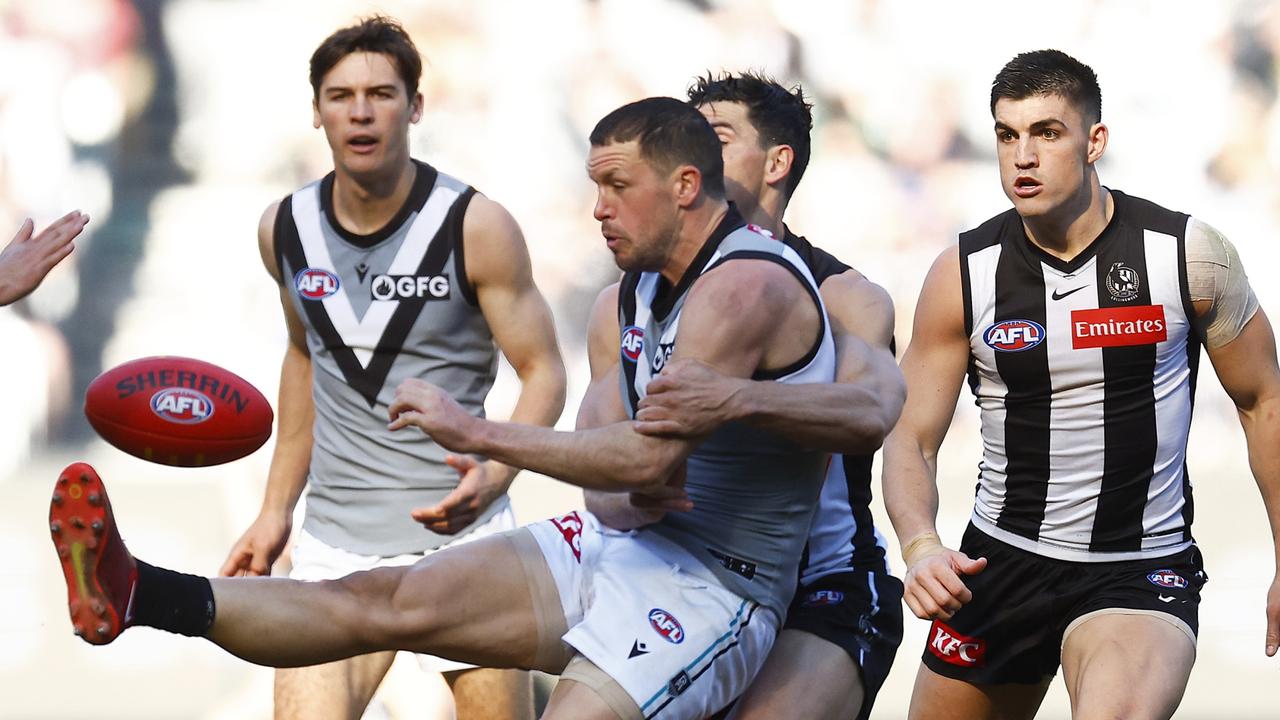 The spirited prison-bar jumper debate between Port Adelaide and Collingwood could create a perfect backdrop for a marquee Magic Round fixture. (Photo by Daniel Pockett/Getty Images)