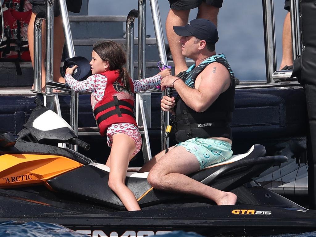 Karl Stefanovic and girlfriend Jasmine Yarbrough were spotted holidaying in Bora Bora with James Packer and his kids, aboard his luxury yacht Arctic P. They were also accompanied by a group of friends, including a mystery brunette, who is pictured sitting next to a visibly larger James Packer. Picture: Backgrid