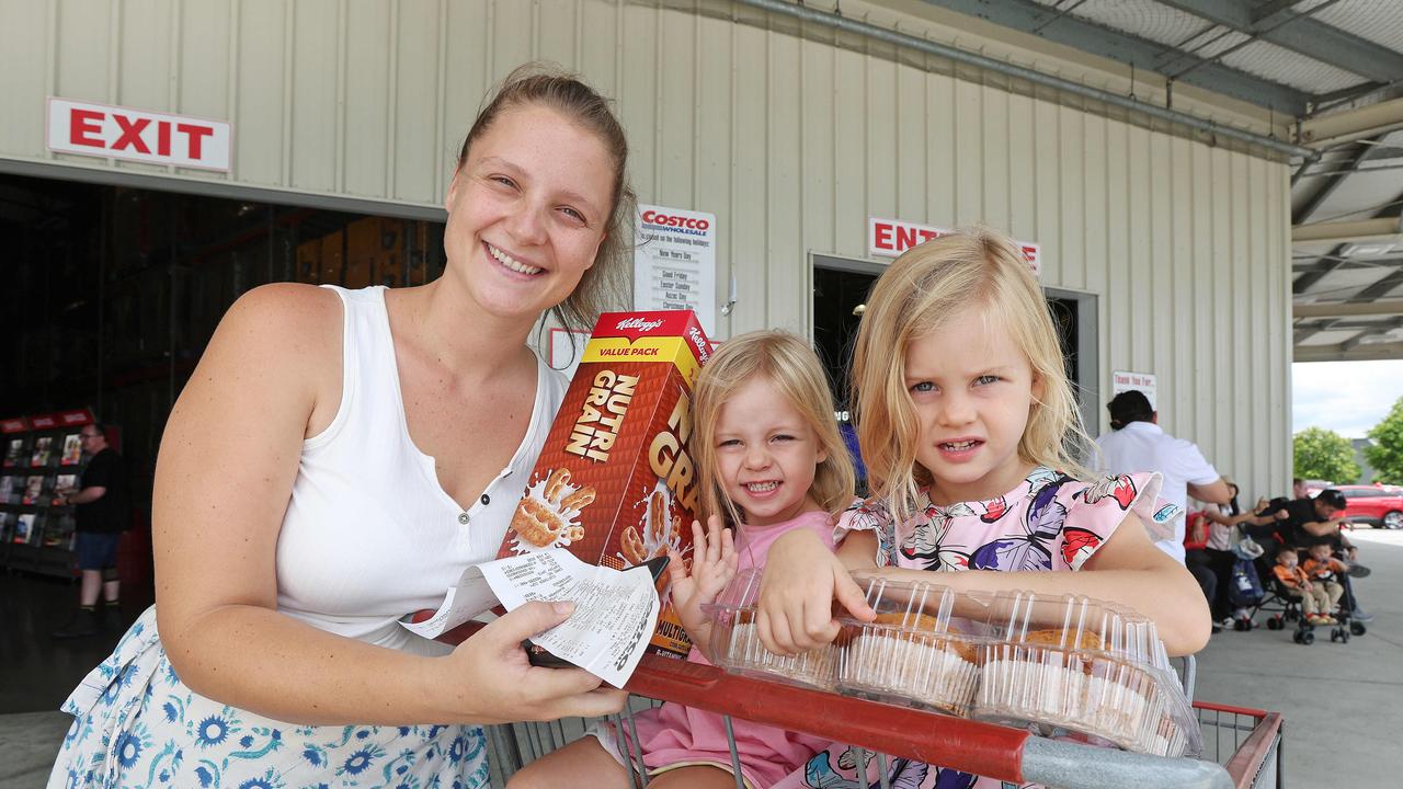 Shannon Hendry shopping with daughters Cleo, 3, and Charlie, 4, at Costco Warehouse in Bundamba. Picture: Tara Croser.