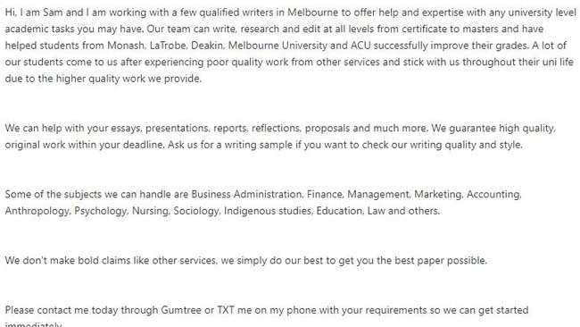 An essay writing service targeting students on Gumtree.