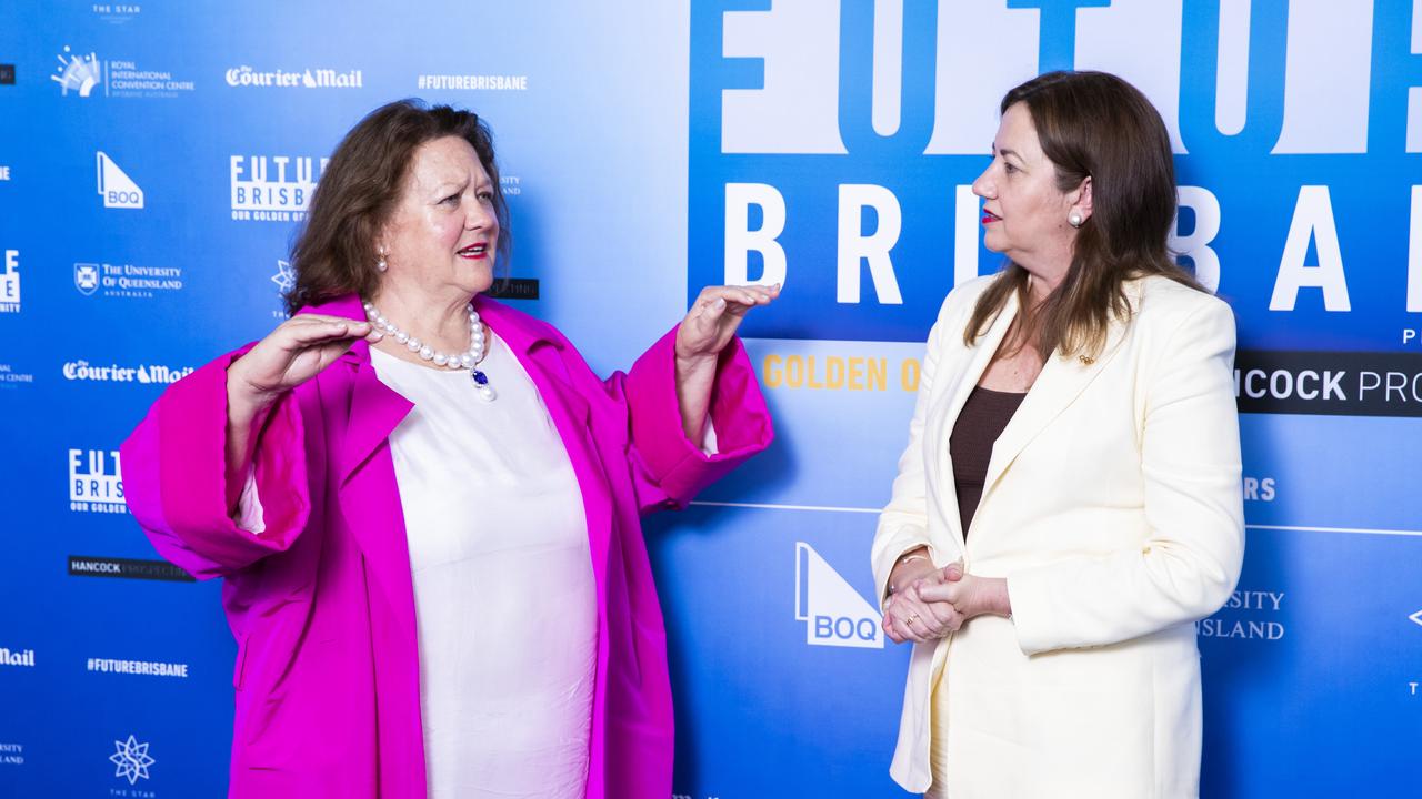 Gina Rinehart and Annastacia Palaszczuk at The Courier-Mail Future Brisbane lunch at Royal International Convention Centre in Brisbane, in December last year. Picture: Richard Walker