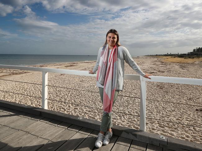 Adelaide Crows midfielder Ebony Marinoff at her “happy place”, Grange beach. Picture: DYLAN COKER