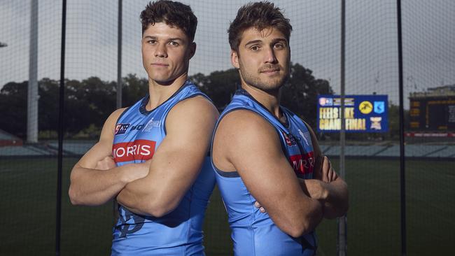 Sturt stars Tom Lewis (left) and James Battersby at Adelaide Oval this week. Picture: Matt Loxton