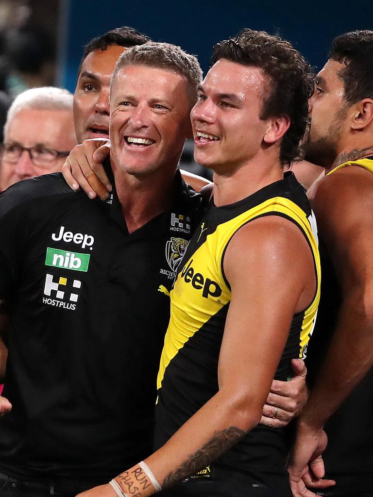 Hardwick and Rioli emrbace after the 2020 grand final. Picture: Sarah Reed