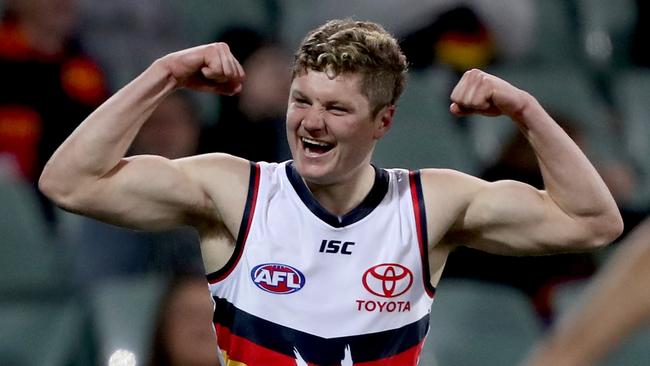 The double cobras were out for young gun Harry Schoenberg after a stunning goal. Picture: AFL Photos/Getty Images