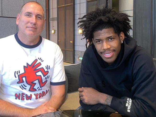 Adelaide 36ers basketball boss Matt Weston and departed import Kendric Davis, pictured in China prior to discussing a contract extension over dinner at the pricey Ruth's Chris Steakhouse. Picture: Supplied