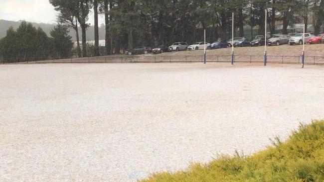 Hail covers Silvan football ground after a storm. Picture: Supplied.