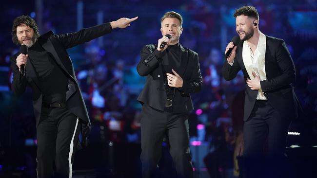 Take That perform with Callum Scott during the Coronation Concert. Picture: Getty