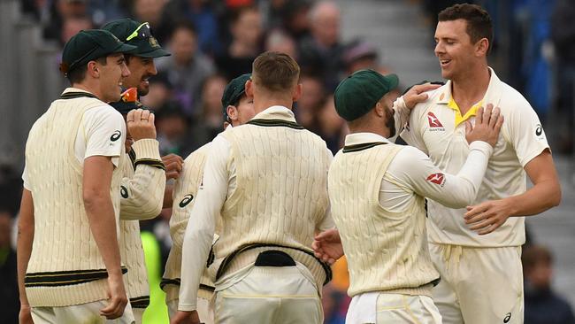 Josh Hazlewood removes Rory Burns. Picture: AFP