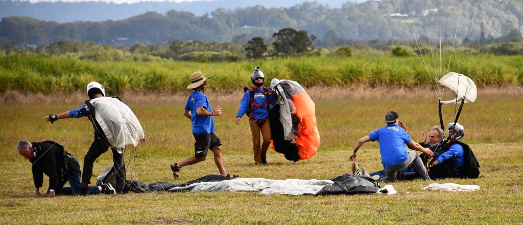 Bob Sherwell, who is about to turn 87, shares his second charity skydive with Pastor Joel Baker, of Flametree Baptist Church.