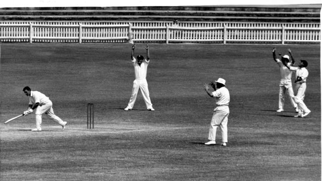 SA's Duncan Sharpe is caught for 4 by wicketkeeper Wally Grout off the bowling of Barry Fisher. (Pic by staff photographer Dick Hewett)