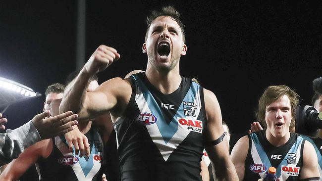 After the dramatic five-point derby win against the Crows, Port Adelaide captain Travis Boak is to lead the Power to China with the challenge of avoiding the “let-down after the Showdown”. Picture: Sarah Reed.