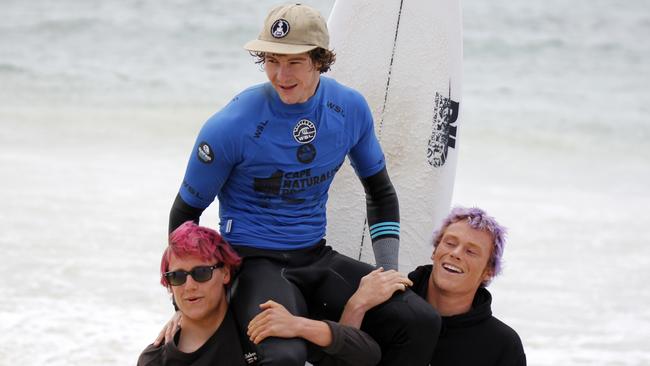 Burleigh's Liam O'Brien is chaired up the beach after winning the World Surf League QS 1000 Cape Naturaliste Pro. Photo: WSL