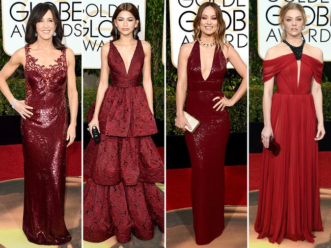 Fiery red ... Felicity Huffman, Zendaya, Olivia Wilde and Natalie Dormer. Picture: Getty