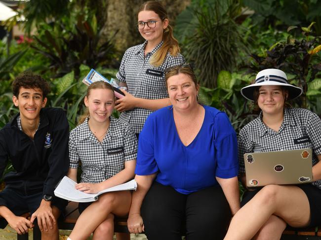 Cathedral School teacher Bonnie Nicholas with Jesse, Buell, 15, Gemma Gillander, 16, Tess Heazlewood, 17, and Gemma Muller, 16. Picture: Evan Morgan