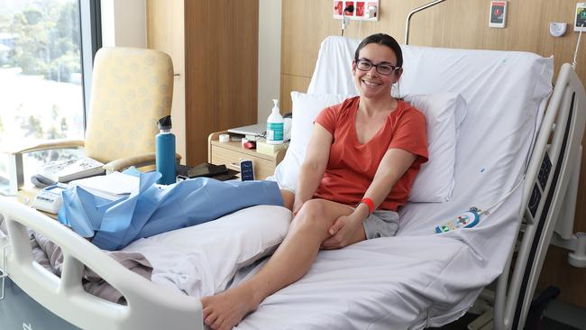 Chantelle Doyle, the woman who was attacked by a shark on the Central Coast at Northern Beaches Hospital, Sydney. Her husband fought off the shark to save her life. She suffered bites to her leg. She is having treatment under the management of a plastic surgeon at NBH. Picture: Brett Costello