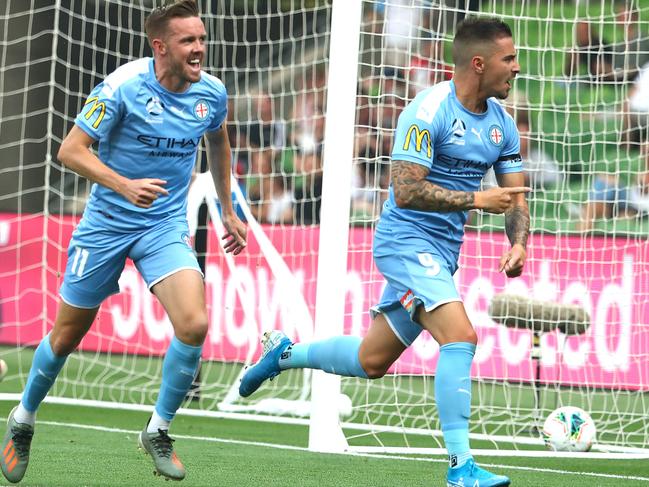 MELBOURNE, AUSTRALIA - JANUARY 03: Jamie Maclaren of Melbourne City celebrates his goal during the round 13 A-League match between Melbourne City and Western United at AAMI Park on January 03, 2020 in Melbourne, Australia. (Photo by Kelly Defina/Getty Images)
