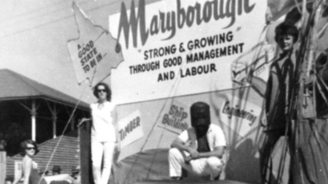 Maryborough District Promotion Bureau Float in Labour Day Procession, ca. 1967. A cheerful float representing local pride during the Labour Day (May Day) celebrations. Source: Maryborough Wide Bay &amp; Burnett Historical Society