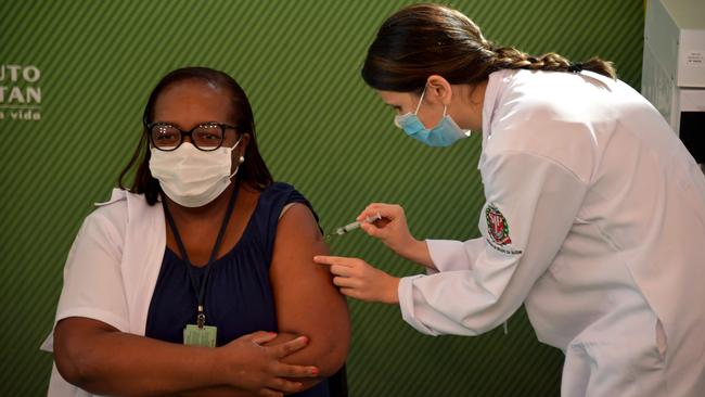 Nurse Monica Calazans is inoculated with the CoronaVac Sinovac Biotech's vaccine at Clinicas hospital in Sao Paulo, Brazil. Picture: AFP