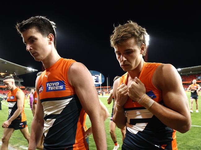 Dejected Sam Taylor and Aaron Cadman during the AFL Semi Final match between the GWS Giants and Brisbane Lions at Engie Stadium on September 14, 2024. Photo by Phil Hillyard(Image Supplied for Editorial Use only - **NO ON SALES** - Â©Phil Hillyard )