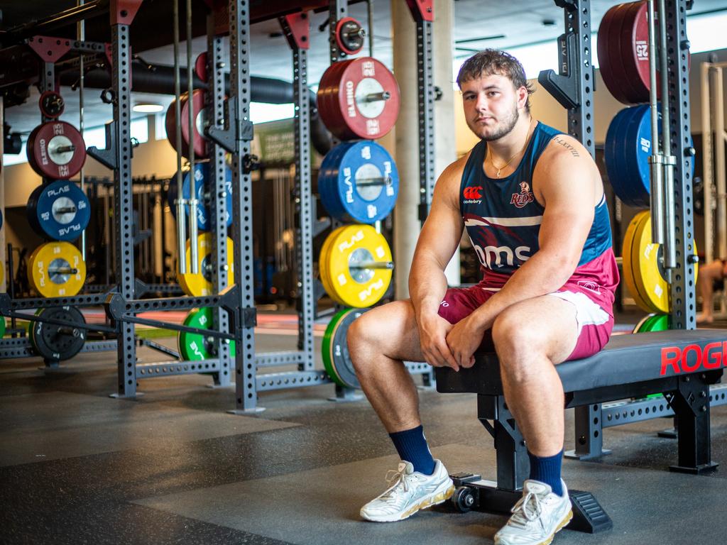 Reds prop Massimo De Lutiis in the Reds gym after bench pressing 202.5kg. Picture taken: Stefan Ahfuni