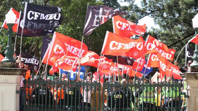 CFMEU protest at Queensland Parliament. There are more CFMEU officials before the courts for industrial law breaches than in any other state. Picture: Annette Dew