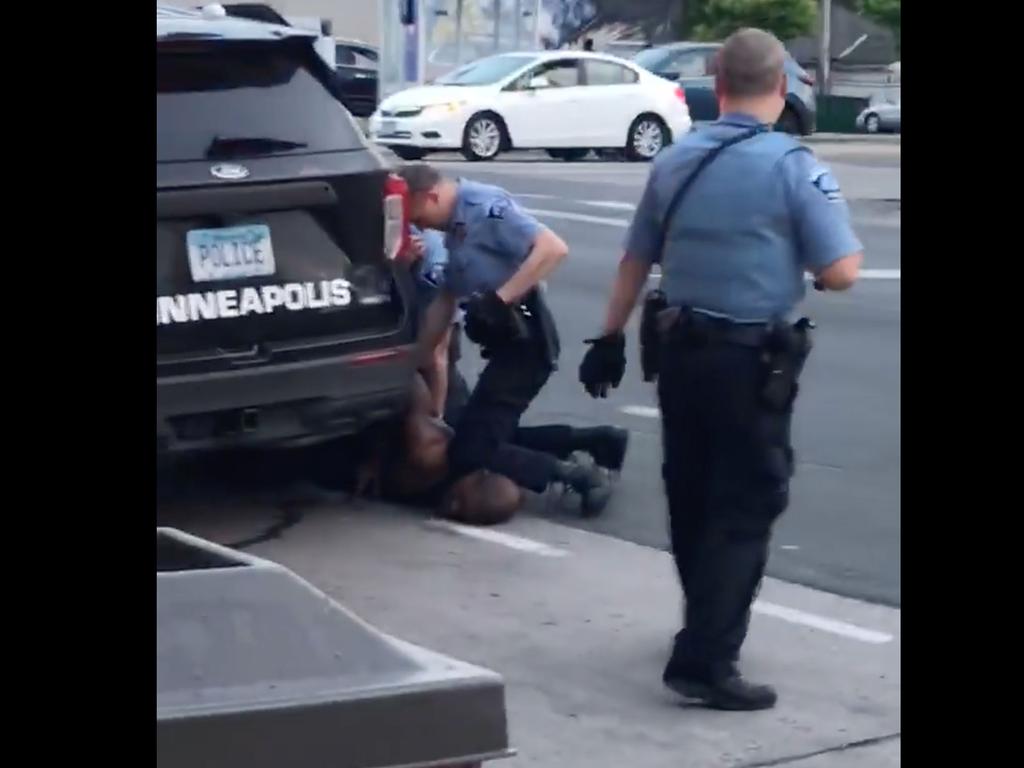 Floyd died after three officers kept pressure on his neck, back and legs for more than eight minutes. Picture: Darnella Frazier/Facebook/AFP