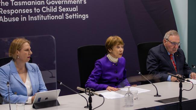 Leah Bromfield, Marcia Neave and Robert Benjamin commissioner. Commission of Inquiry closing statements in Hobart. Picture: ABC/pool