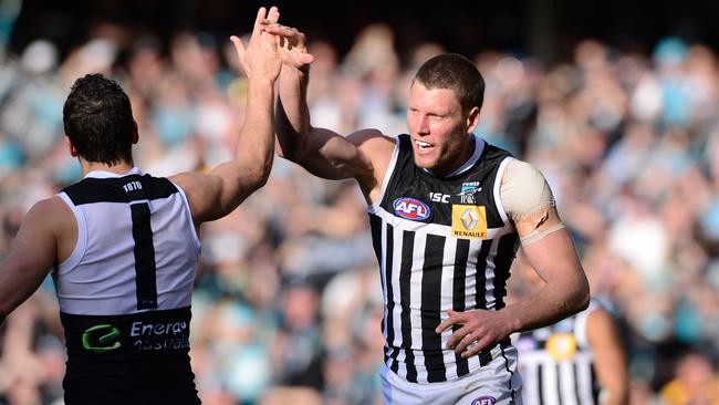 Brad Ebert celebrates a goal in the elimination final win over Richmond. Picture: Mark Brake