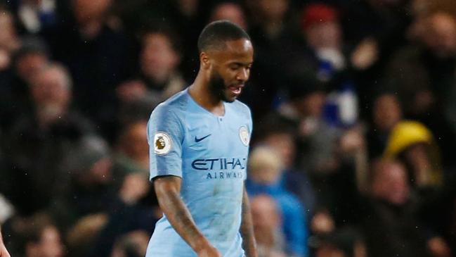 Manchester City's English midfielder Fabian Delph (L), Manchester City's German midfielder Ilkay Gundogan (C) and Manchester City's English midfielder Raheem Sterling react after Chelsea scored their second goal during the English Premier League football match between Chelsea and Manchester City at Stamford Bridge in London on December 8, 2018. (Photo by Ian KINGTON / AFP) / RESTRICTED TO EDITORIAL USE. No use with unauthorized audio, video, data, fixture lists, club/league logos or 'live' services. Online in-match use limited to 120 images. An additional 40 images may be used in extra time. No video emulation. Social media in-match use limited to 120 images. An additional 40 images may be used in extra time. No use in betting publications, games or single club/league/player publications. /