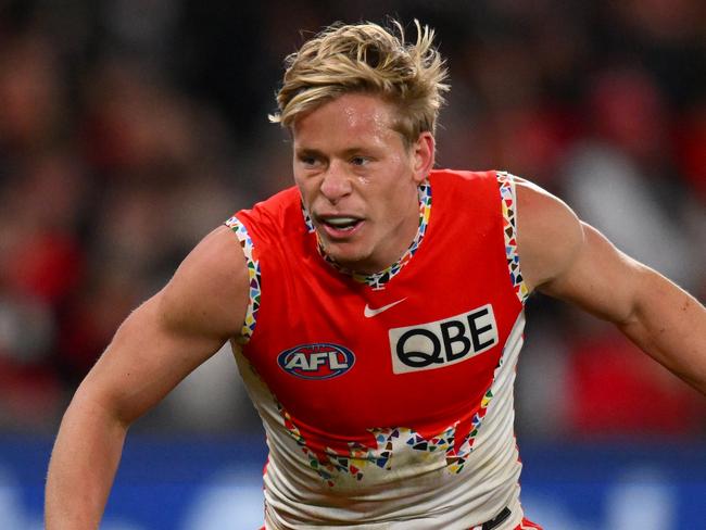 MELBOURNE, AUSTRALIA - JULY 07: Isaac Heeney of the Swans reacts during the round 17 AFL match between St Kilda Saints and Sydney Swans at Marvel Stadium, on July 07, 2024, in Melbourne, Australia. (Photo by Morgan Hancock/AFL Photos/via Getty Images)