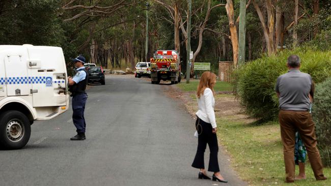 The police roadblock near Keith Longhurst Reserve this afternoon. Picture: NCA NewsWire / Damian Shaw