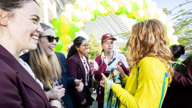 Students welcome Commonwealth Games swimmer Mollie O'Callaghan at St Peters, Springfield, Monday, August 15, 2022 - Picture: Richard Walker