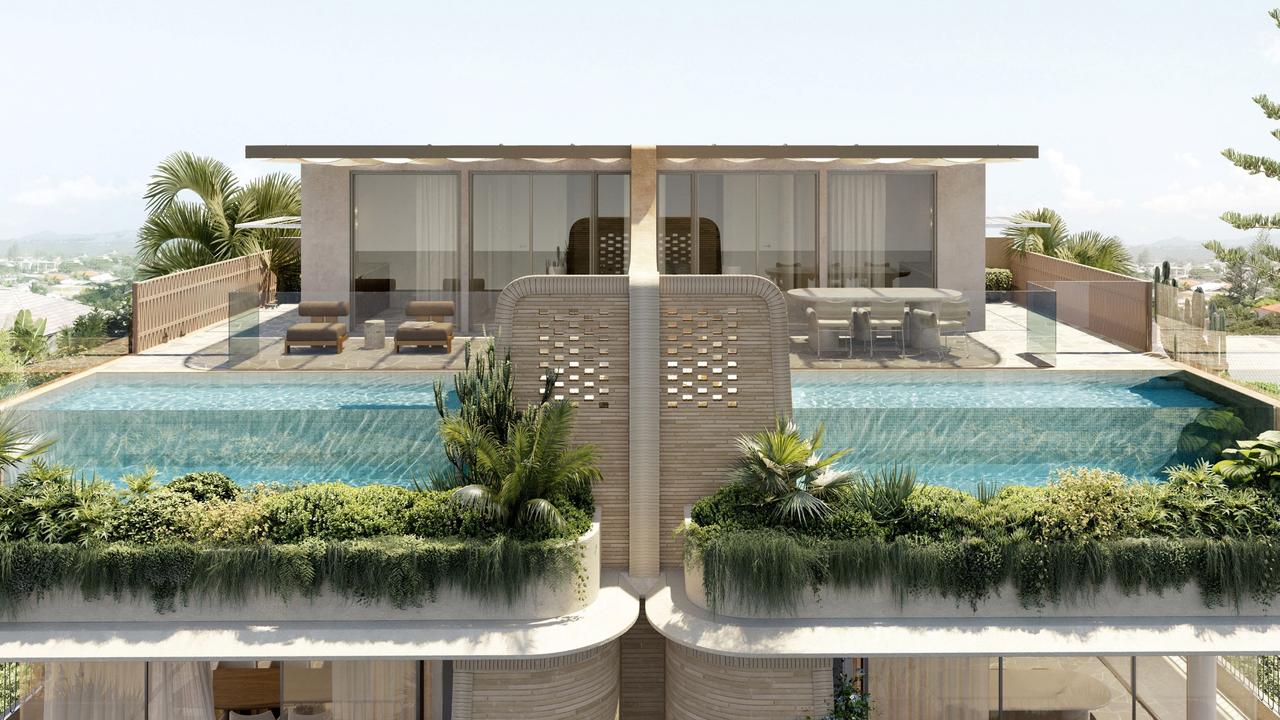 The duplex project has twin rooftop pools