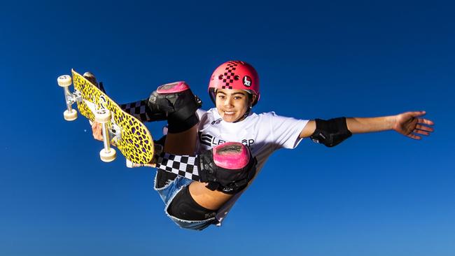 Skaters. Level Up Australia National Sports Academy has eight high class skateboarders, aged in their teens and younger, who are destined for the Olympics. Two are already set for Paris 2024 Games in Ash Wilcomes and Arisa Trew. Pictured 13-year-old Arisa Trew. Picture: Nigel Hallett