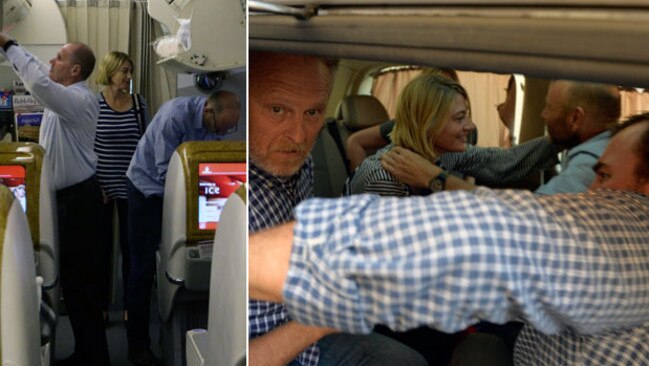 Reporter Tara Brown, Nine director of news and current affairs Darren Wick and producer Stephen Rice,  safely on board an Emirates flight headed home. And (left) being bundled into a mini-van following their release from a Beirut jail. Picture: News Corp/Liam Kidston.