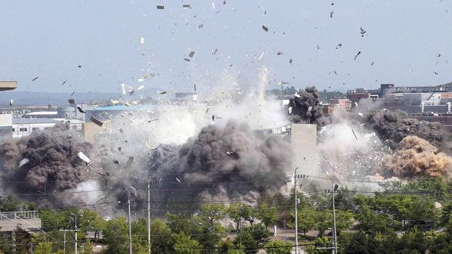 The explosion of an inter-Korean liaison border office building in Kaesong, North Korea. Picture: KCNA/AP