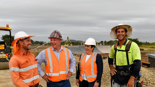 Cr Ann-Maree Greaney and Member for Townsville Scott Stewart with foreman Jerry Gorman and Convic skatepark builder Shannon Oti. Harold Phillips Park skate park under construction. Picture: Evan Morgan