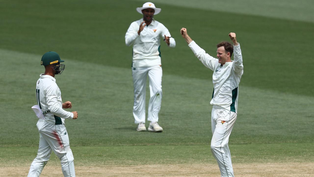 Tasmania spinner Matt Kuhnemann celebrates the wicket of NSW’s Jack Edwards as he claimed a crucial three-wicket haul on the final day at the SCG. Picture: Jason McCawley / Getty Images