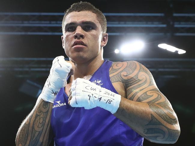 GOLD COAST, AUSTRALIA - APRIL 09:  Clay Waterman of Australia celebrates his win over Sean Lazzerini of Scotland during the MenÃ•s Light Heavy Preliminary round during Boxing on day five of the Gold Coast 2018 Commonwealth Games at Oxenford Studios on April 9, 2018 on the Gold Coast, Australia.  (Photo by Robert Cianflone/Getty Images)