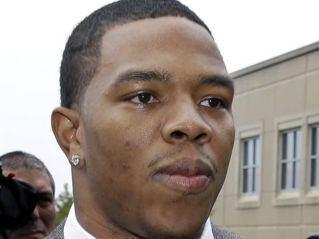 In this May 1, 2014, photo, Baltimore Ravens football player and former Rutgers University stand out Ray Rice arrives at Atlantic County Criminal Courthouse in Mays Landing, N.J. Rice was let go by the Ravens on Monday, Sept. 8, 2014, and suspended indefinitely by the NFL after a video was released that appears to show the running back striking his then-fiancee in February. AP Photo/Mel Evans,file)