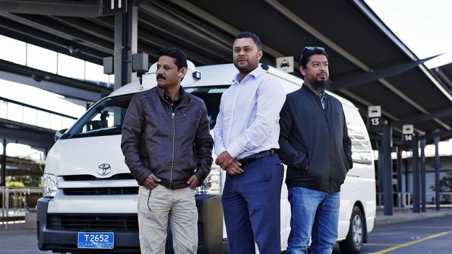 Sydney taxi drivers Amer Akhtar, Deepak Malhotra and MD Haque will join the withdrawal action on Wednesday. Picture: Sam Ruttyn