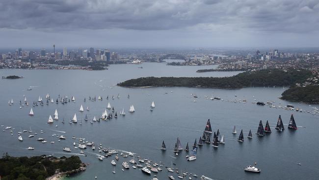 Yachts during the start of the Rolex Sydney Hobart Yacht Race 2017 in Sydney. Picture: Brett Costello