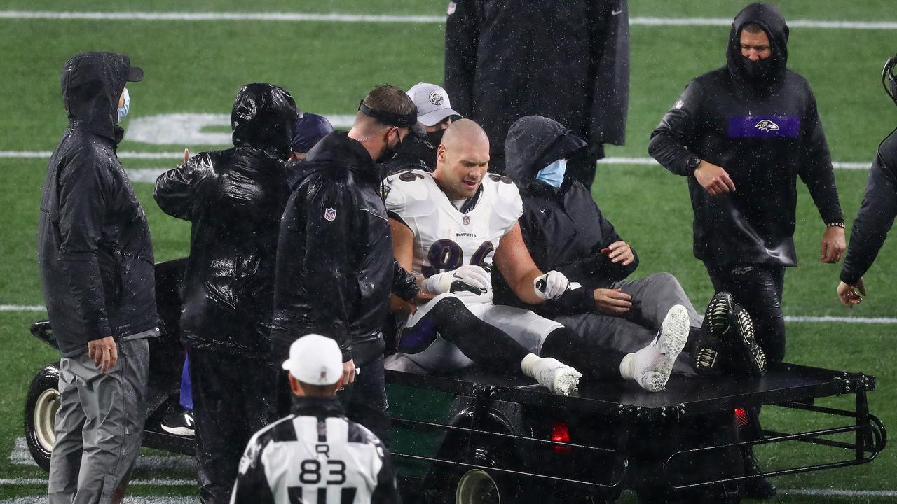 Nick Boyle of the Baltimore Ravens was carted off after a sickening leg injury.