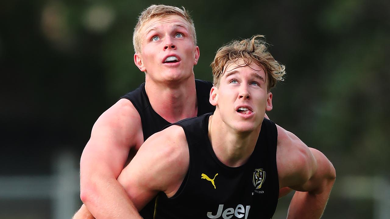 Tom Lynch contests with teammate Ryan Garthwaite at training before the Tigers’ intra-club match. Pic: Getty Images