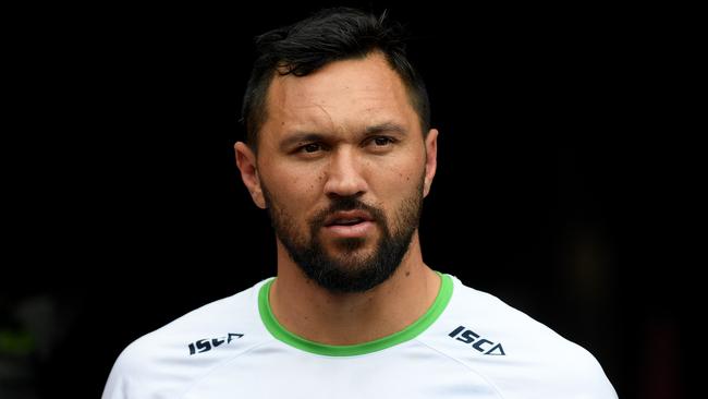 Jordan Rapana of the Raiders takes part in a training session at ANZ Stadium in Sydney, Saturday, October 5, 2019. The Raiders face the Roosters in the NRL Grand Final tomorrow. (AAP Image/Dan Himbrechts) NO ARCHIVING