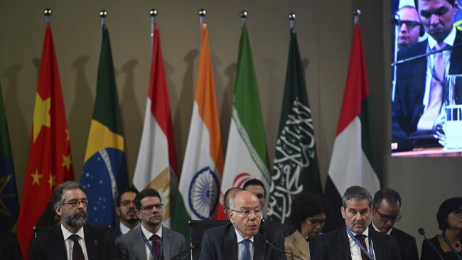 Brazil's Foreign Minister Mauro Vieira speaks during the BRICS foreign ministers' meeting at Itamaraty Palace in Rio de Janeiro, Monday, April 28, 2025. (Mauro Pimentel/PoolÃÂ viaÃÂ AP)