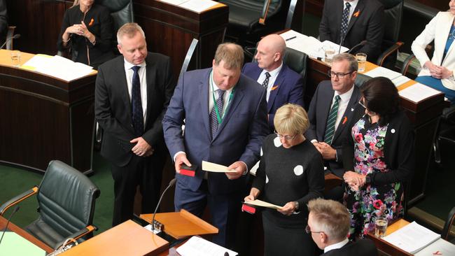 New Lyons MHA John Tucker and Braddon MHA Joan Rylah taking the oath at the opening of State Parliament for 2019. Picture: DAVID KILLICK