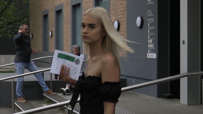 Courtney Beamish leaving Wyong Local Court after she avoided a conviction for drug possession. Picture: Richard Noone