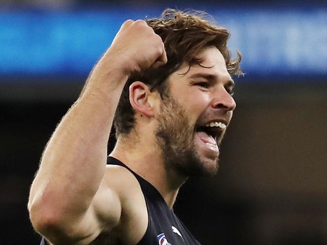 MELBOURNE, AUSTRALIA - APRIL 17: Levi Casboult of the Blues celebrates a goal during the 2021 AFL Round 05 match between the Carlton Blues and the Port Adelaide Power at the Melbourne Cricket Ground on April 17, 2021 in Melbourne, Australia. (Photo by Dylan Burns/AFL Photos via Getty Images)